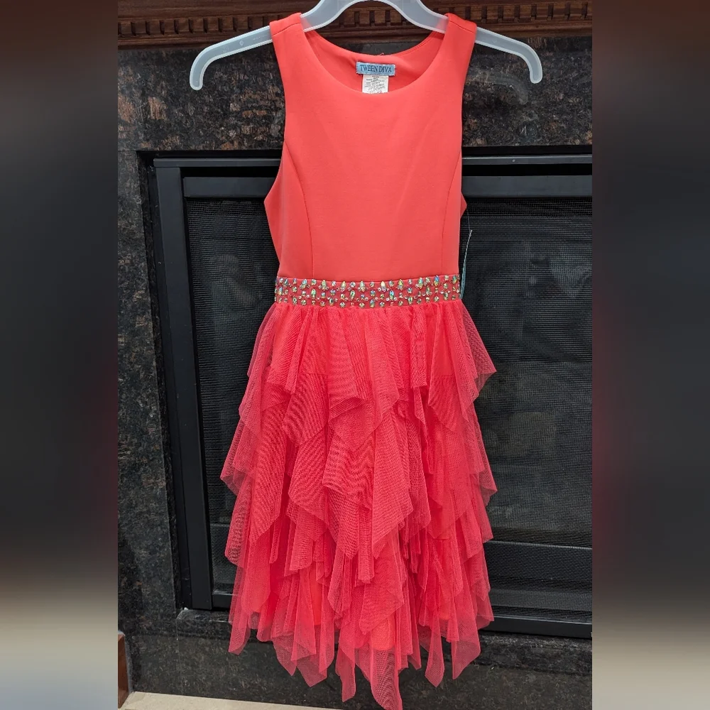 Neon Pink Tween Diva Girl's Dress with Ruffled Skirt